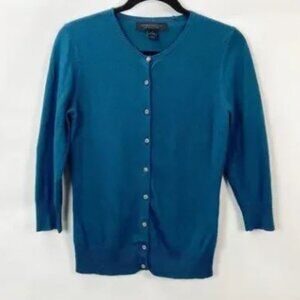 Vintage Express Women Silk/Cashmere Jeweled Button Teal Cardigan Sweater Size S
